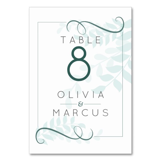 Simple Pale Mint Leaves and Jade Green Accents Table Number (Front)