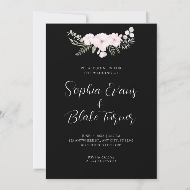 Simple Pale Pink and Green Floral Black Wedding Invitation (Front)