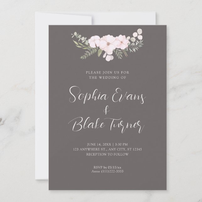 Simple Pale Pink and Green Floral Grey Wedding Invitation (Front)