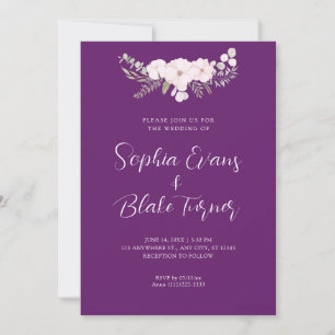 Simple Pale Pink and Green Floral Purple Wedding Invitation