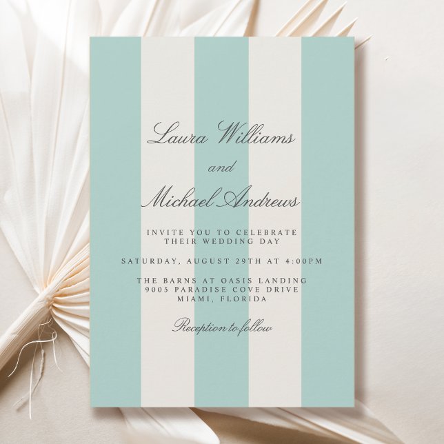 Simple Pale Teal Cabana Stripes Wedding Invitation (Available in both printed and instant download digital formats.)