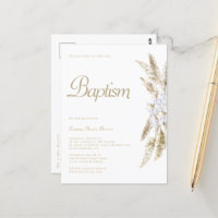 Simple Pampas Grass White Gold Baptism Invitation