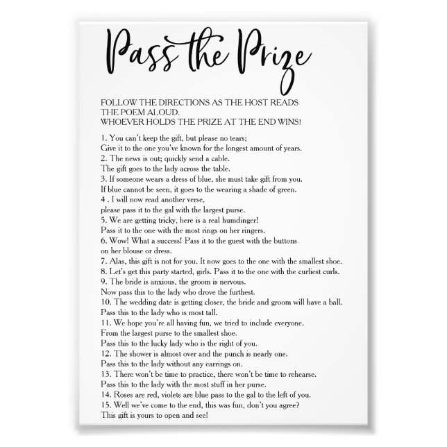 Simple Pass the Prize Bridal Shower Game Photo Print (Front)