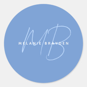 Simple Pastel Blue Minimalist Two Monogram Name Classic Round Sticker