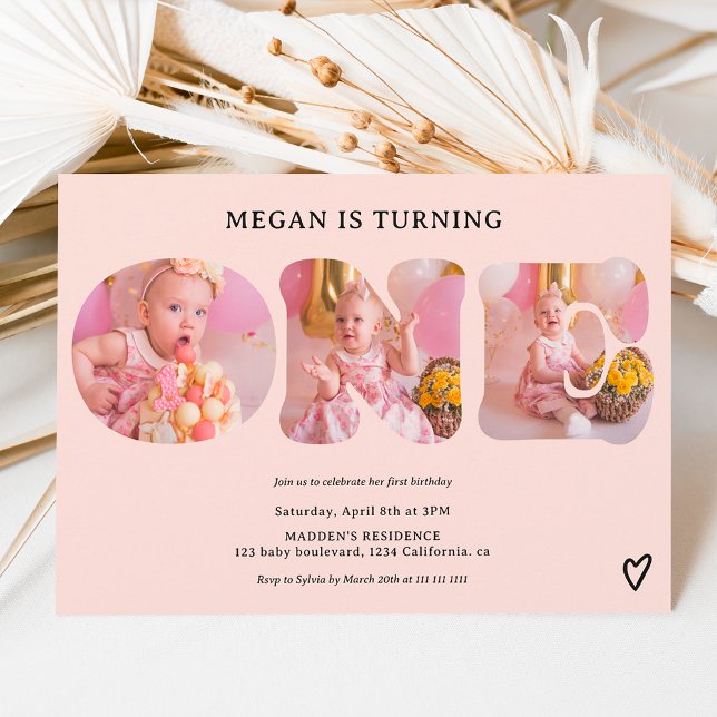 Simple pastel blush pink 3 photos 1st birthday invitation (Creator Uploaded)