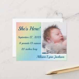 Simple Pastel Gradient Birth Annouincement Postcard