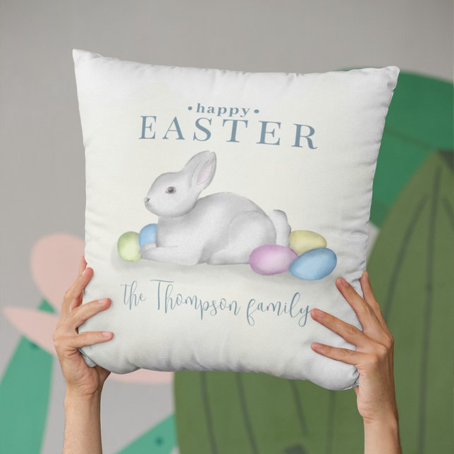 Simple Pastel Happy Easter Bunny Cute Classic Cushion (Cute Easter bunny Happy Easter typography throw pillow. )