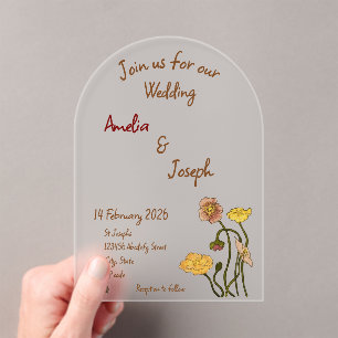 Simple Pastel Minimal Poppy Watercolor Wedding Acrylic Invitations