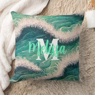 Simple pastel ocean waves Monogrammed Cushion