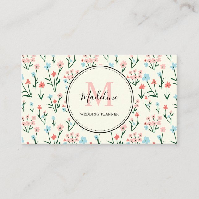 Simple Pastel Pink Blue Flowers Pattern Business C Card (Front)