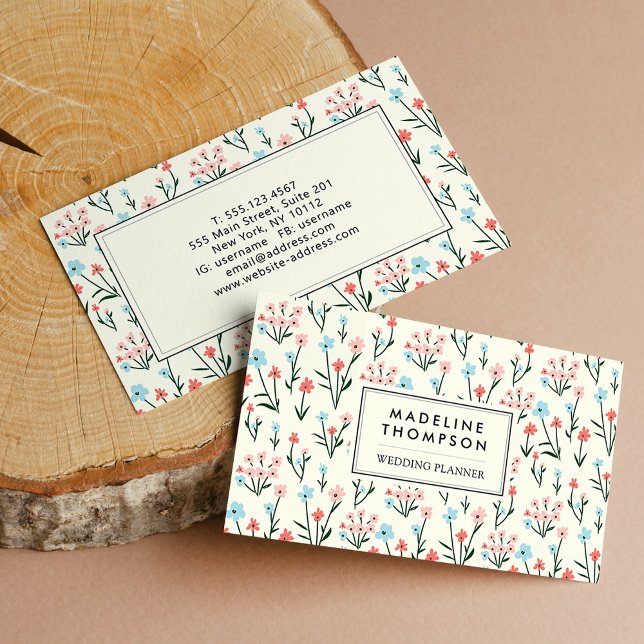 Simple Pastel Pink Blue Flowers Pattern Business Card (Creator Uploaded)