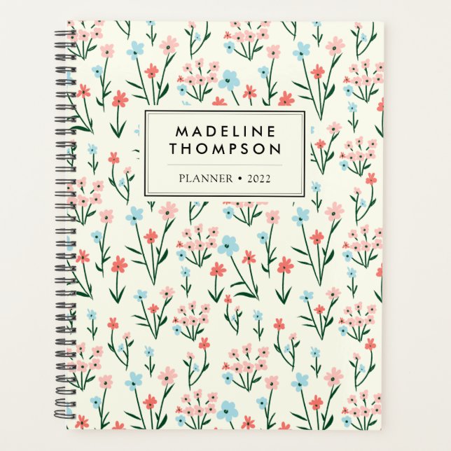 Simple Pastel Pink Blue Flowers Pattern Planner (Front)