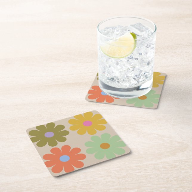 Simple Pastel Vintage Flower Pattern Square Paper Coaster (Insitu)