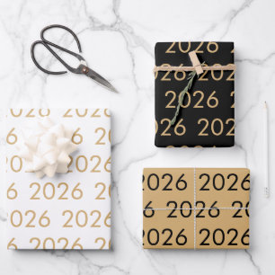 Simple Pattern 2026 Any Year Gold White Black Wrapping Paper Sheet