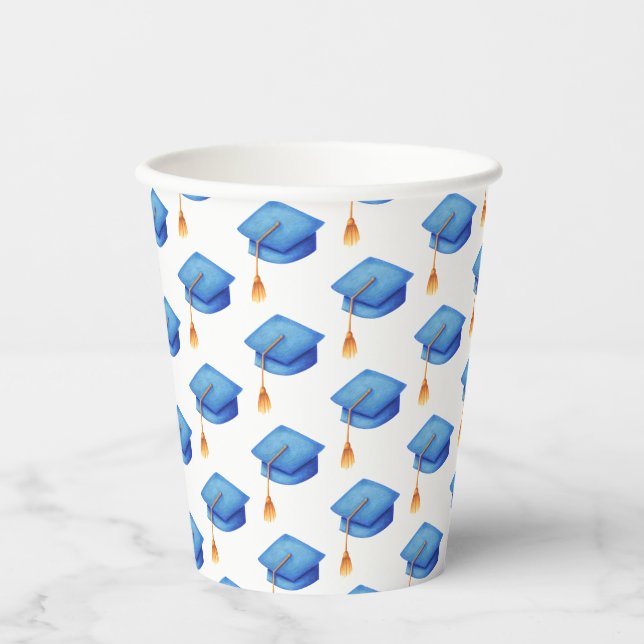 Simple Pattern Blue Graduation Cap Paper Cups (Front)