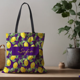 Simple pattern lemon flower leave purple tote bag