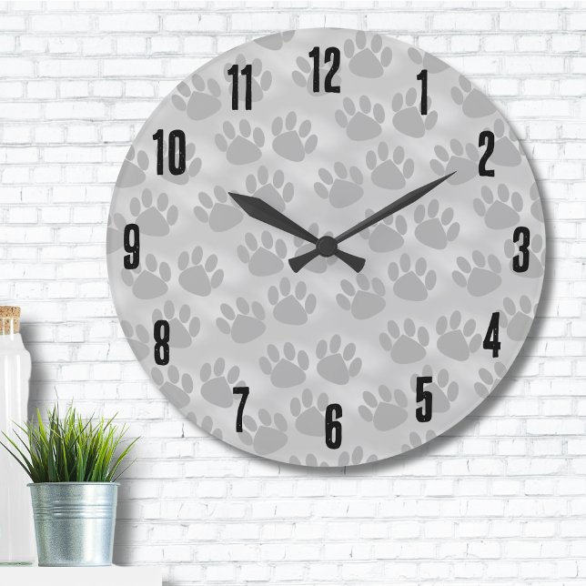 Simple Paw Print Pattern Large Clock (Cute Simple Animal Light Gray Paw Print Pattern Large Clock)