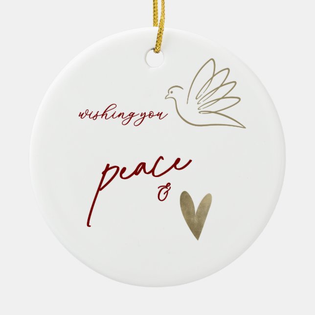 Simple Peace & Love Dove Photo Christmas Card Ceramic Tree Decoration (Front)