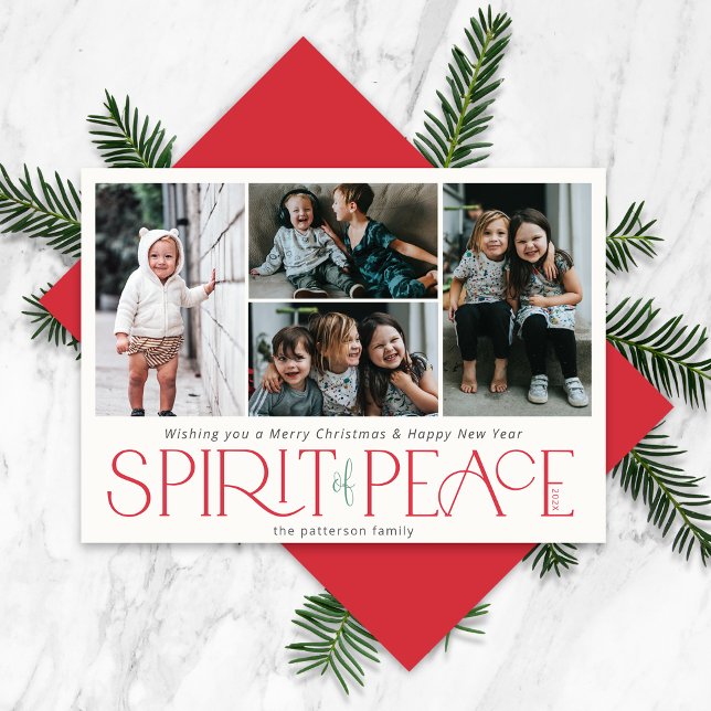 Simple Peace Photo Green Red Holiday Card (Creator Uploaded)