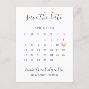 Simple Peach Heart Calendar Wedding Save the Date Announcement Postcard