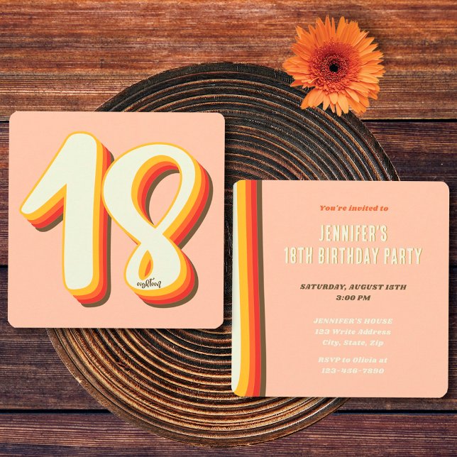 Simple Peach Modern Retro Groovy 18th Birthday Invitation (Front and Back)