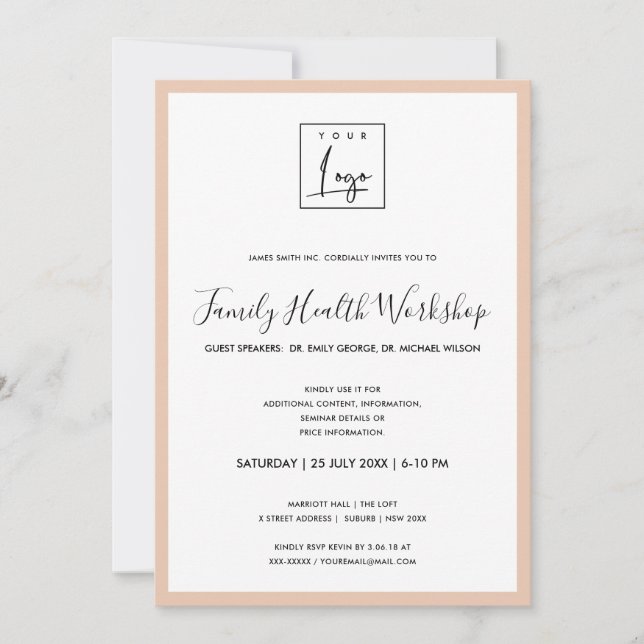 SIMPLE PEACH PINK BLUSH LOGO WORKSHOP GALA EVENT INVITATION (Front)