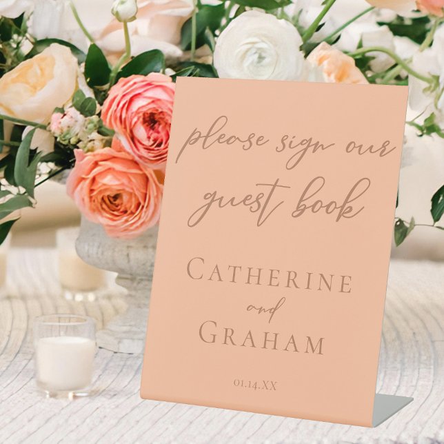 Simple Peach Typography Wedding Our Guest Book Pedestal Sign (Creator Uploaded)