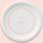 Simple Peach White Modern Bride & Groom Wedding Paper Plate<br><div class="desc">Simple, minimalist and chic Wedding party plates feature the names of the bride and groom with the wedding event date in trendy peach lettering and script. This modern design includes a double framed border in peach on a minimalist white background. Personalise with your wedding details! Perfect for your special celebration!...</div>