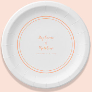 Simple Peach White Modern Bride & Groom Wedding Paper Plate