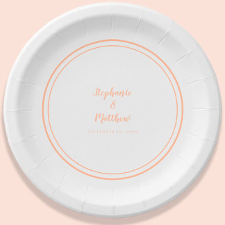 Simple Peach White Modern Bride & Groom Wedding Paper Plate