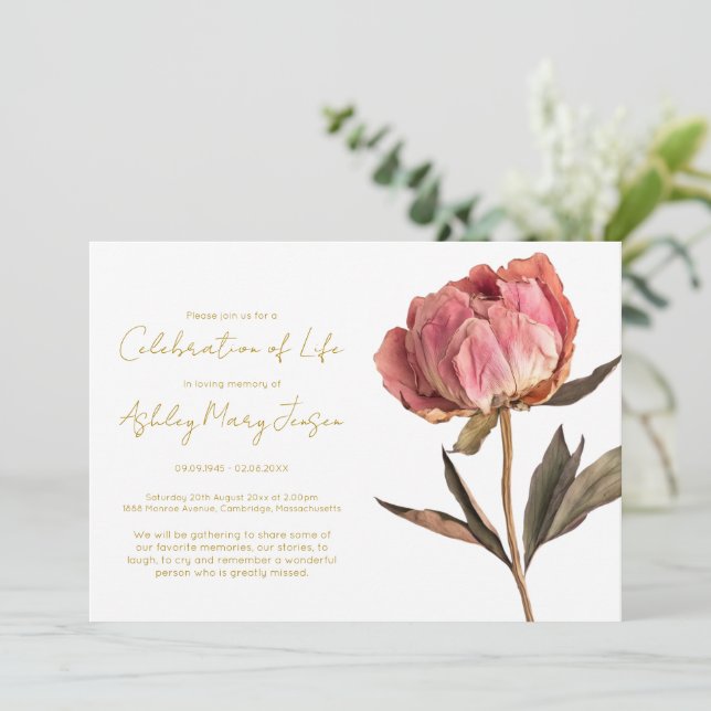 Simple Peony Celebration of Life Funeral Invitation (Standing Front)