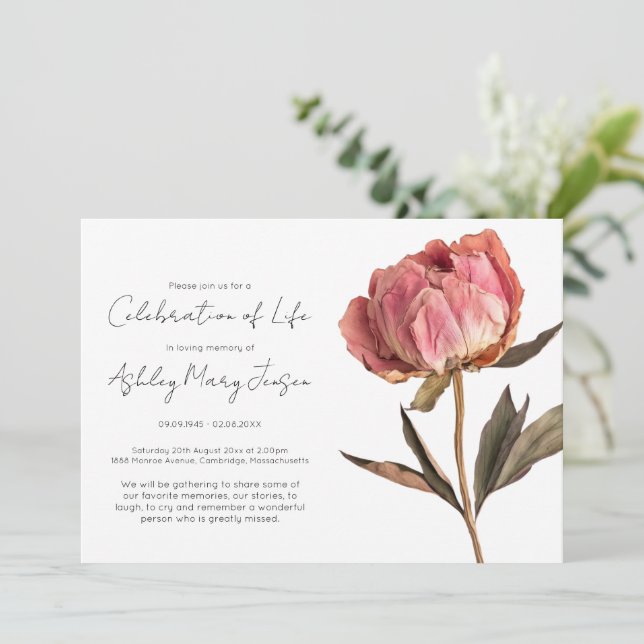 Simple Peony Celebration of Life Funeral Invitation (Standing Front)