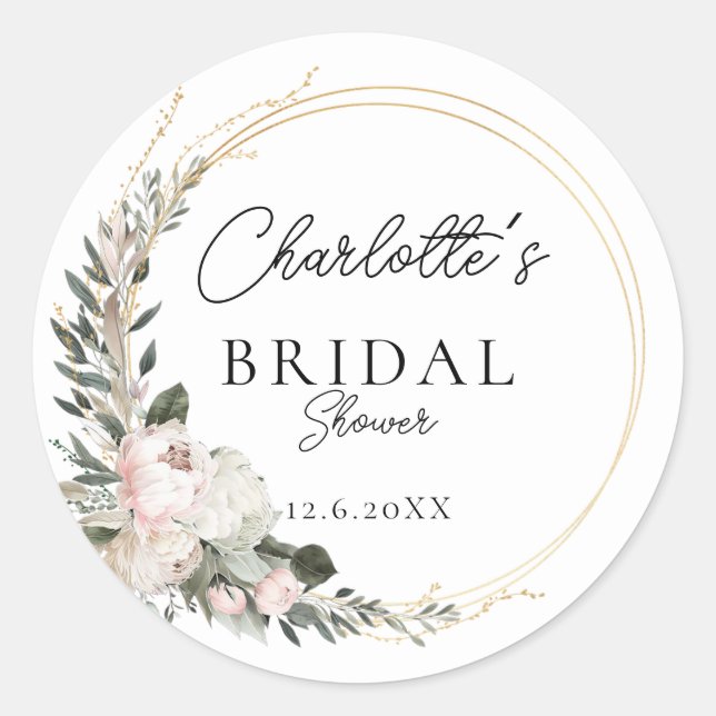 Simple, peony, eucalyptus, Bridal Shower     Classic Round Sticker (Front)