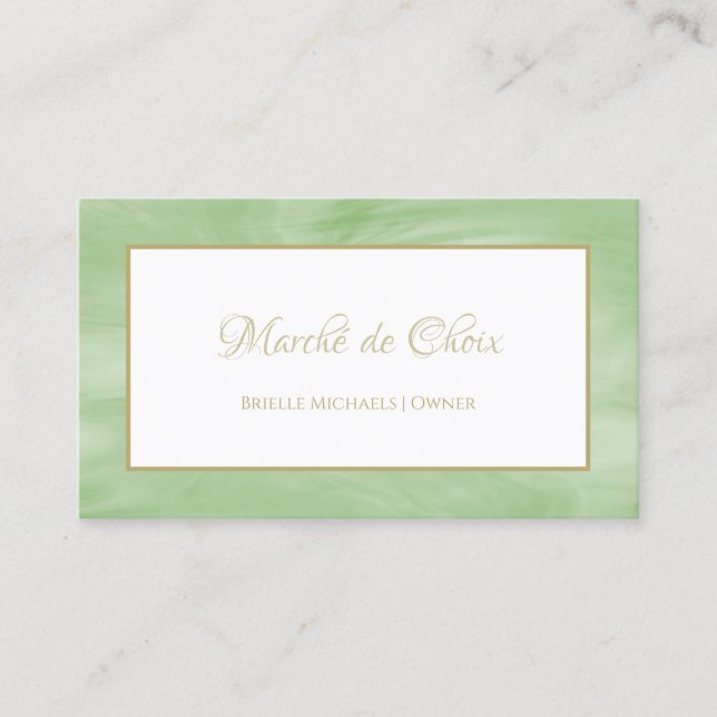 Simple Peridot Green Marble Elegant Gold Script Business Card (Front)