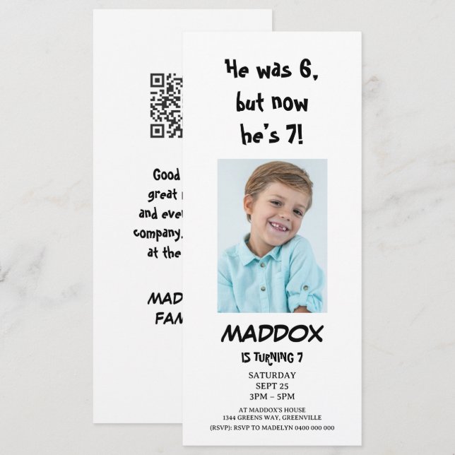 Simple Personal Photo 7th Birthday with QR Code Invitation (Front/Back)