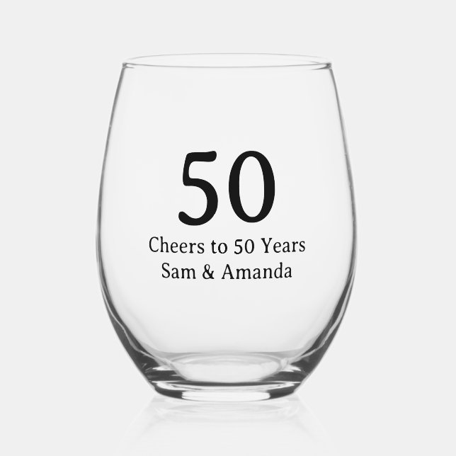 Simple Personalised 50th Anniversary Stemless Wine Glass (Front)
