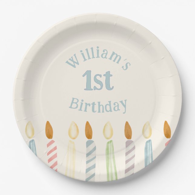 Simple Personalised Birthday Name Candles Party Paper Plate (Front)