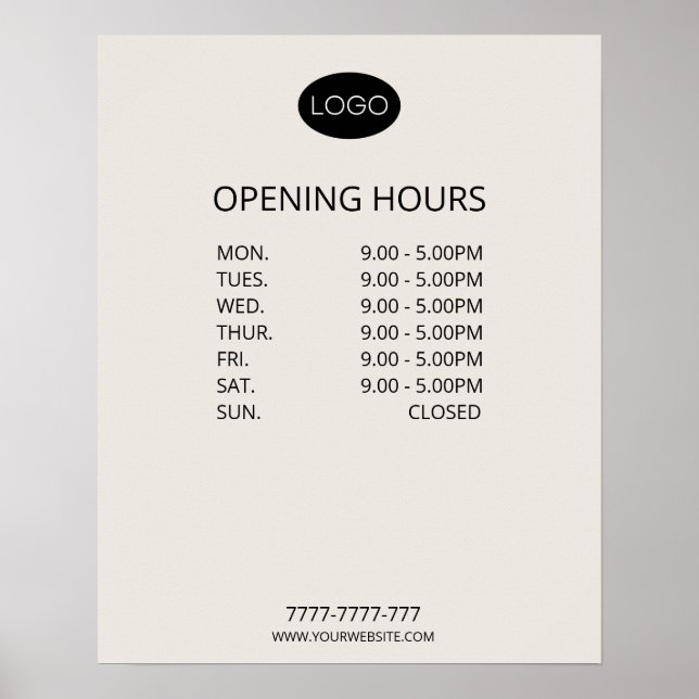 Simple Personalised Business Opening Hours Logo Poster (Front)
