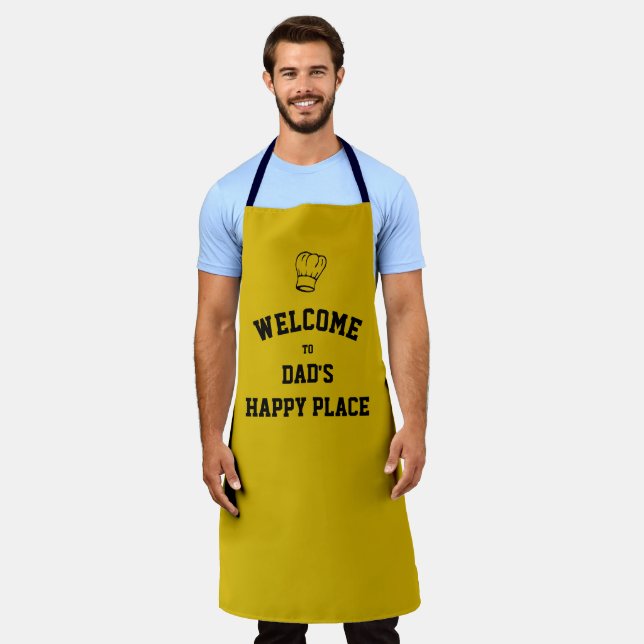 Simple Personalised DAD'S HAPPY PLACE Yellow Apron (Worn)