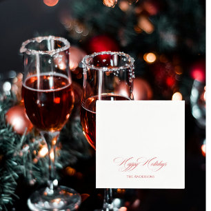 Simple Personalised Happy Holidays Red Cocktail Napkin
