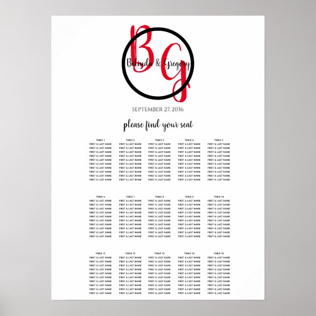 Simple Personalised Initials Wedding Seating Chart (Front)