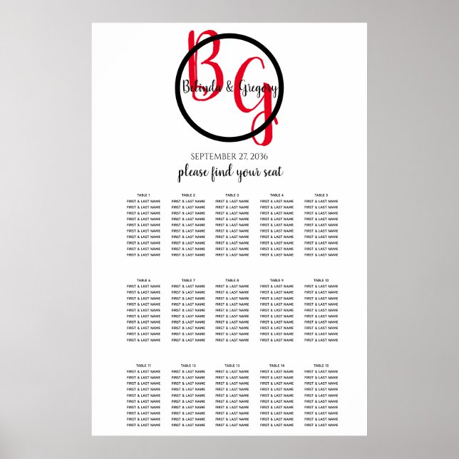 Simple Personalised Initials Wedding Seating Chart (Front)