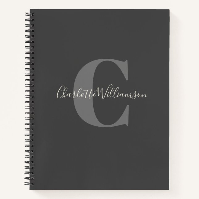 Simple Personalised Monogram and Name Black Grey Notebook (Front)