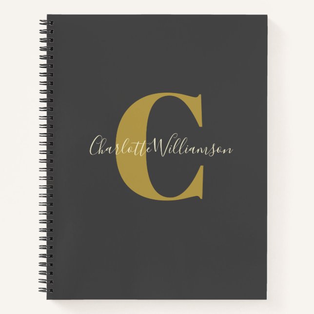 Simple Personalised Monogram and Name in Black Notebook (Front)