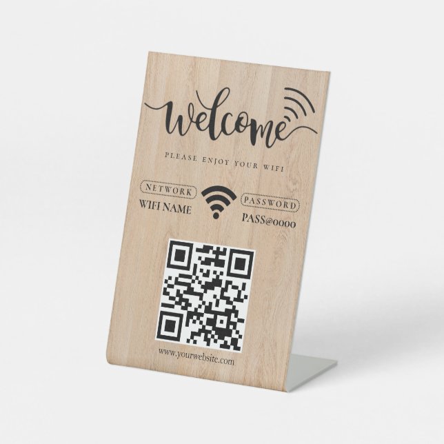 Simple Personalized Wifi Network QR code Password  Pedestal Sign (Front)
