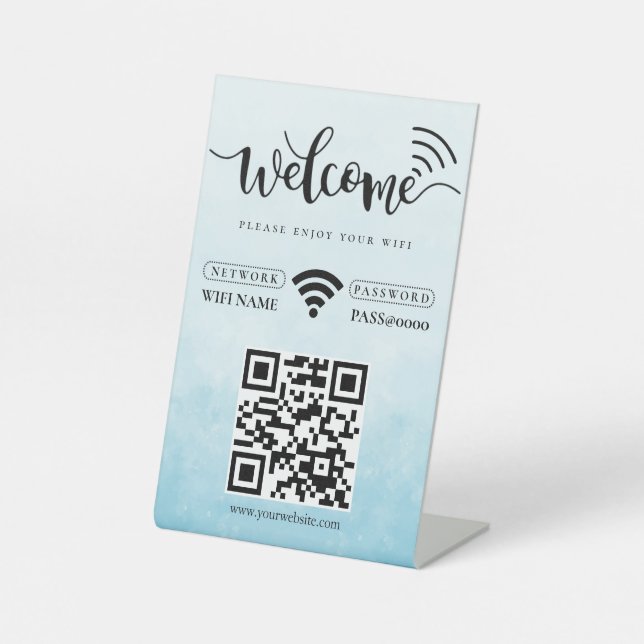 Simple Personalized Wifi Network QR code Password  Pedestal Sign (Front)