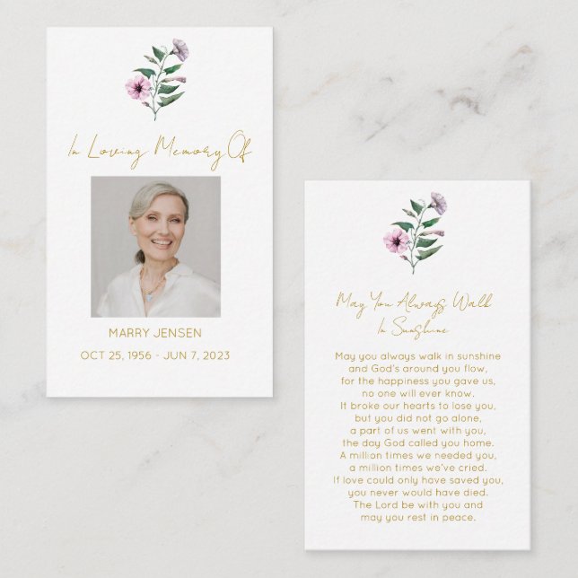 Simple Petunia Photo Funeral Prayer Card (Front/Back)