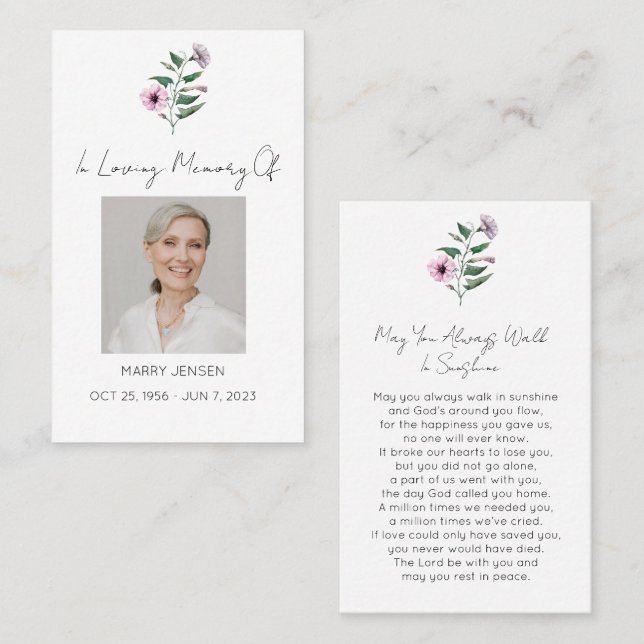 Simple Petunia Photo Funeral Prayer Card (Front/Back)