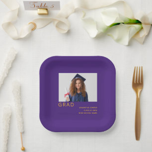 Simple Photo 2022 Graduation Purple Yellow Paper Plate