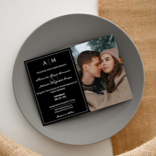 Simple Photo and Monogram Black Wedding Invitation
